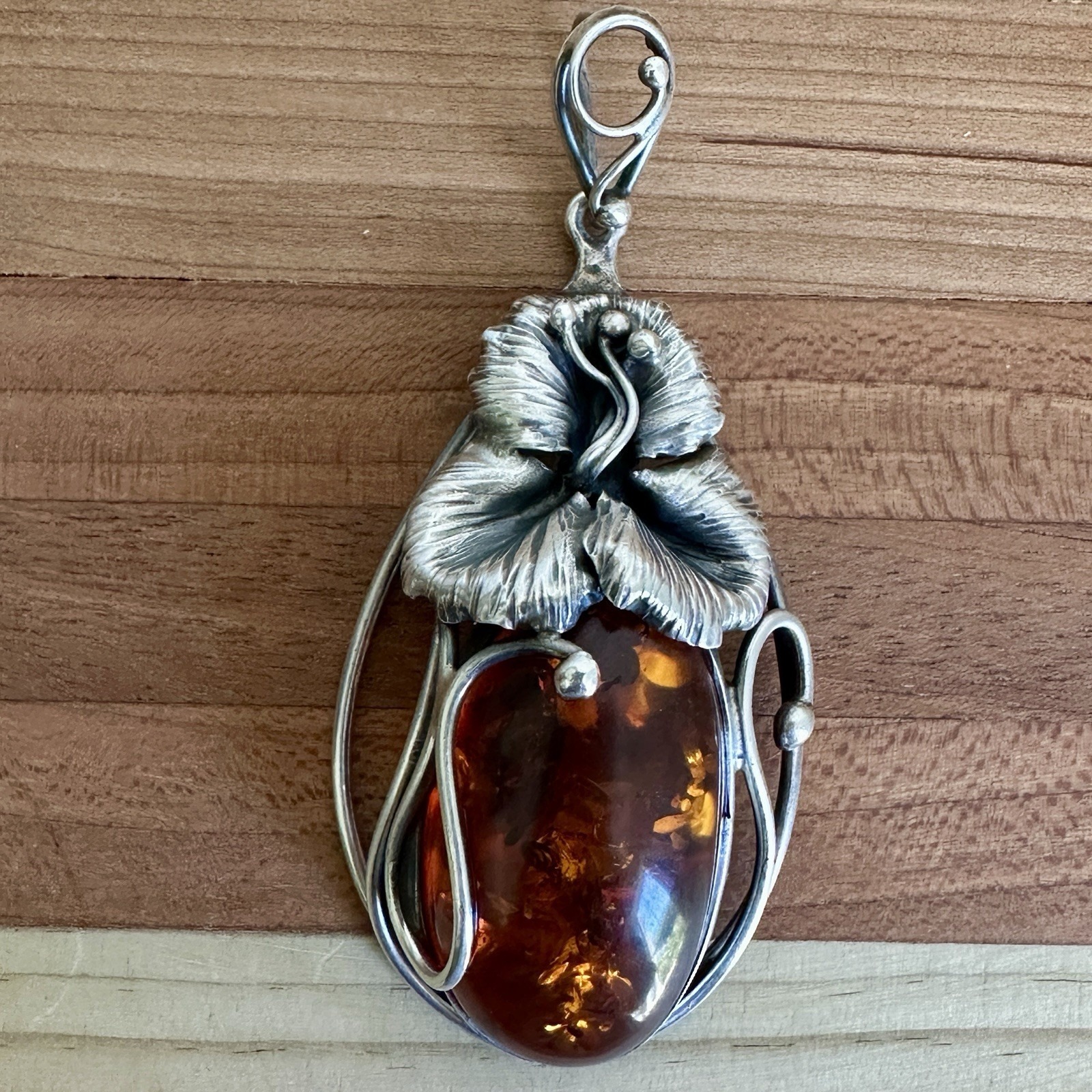Vintage Art Nouveau Pendant 2.75 Inch Baltic Amber Lily Flower Sterling 17.3g